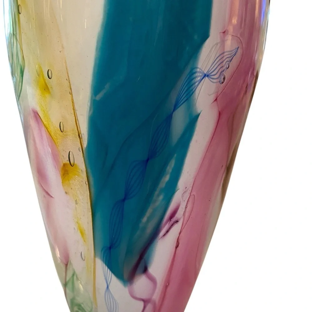 Blown Glass Art Vase Gorgeous white pink blue yellow brown signed great gift